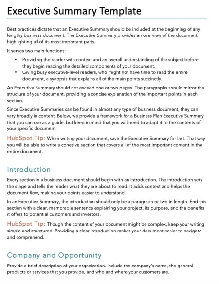 hubspot executive summary template
